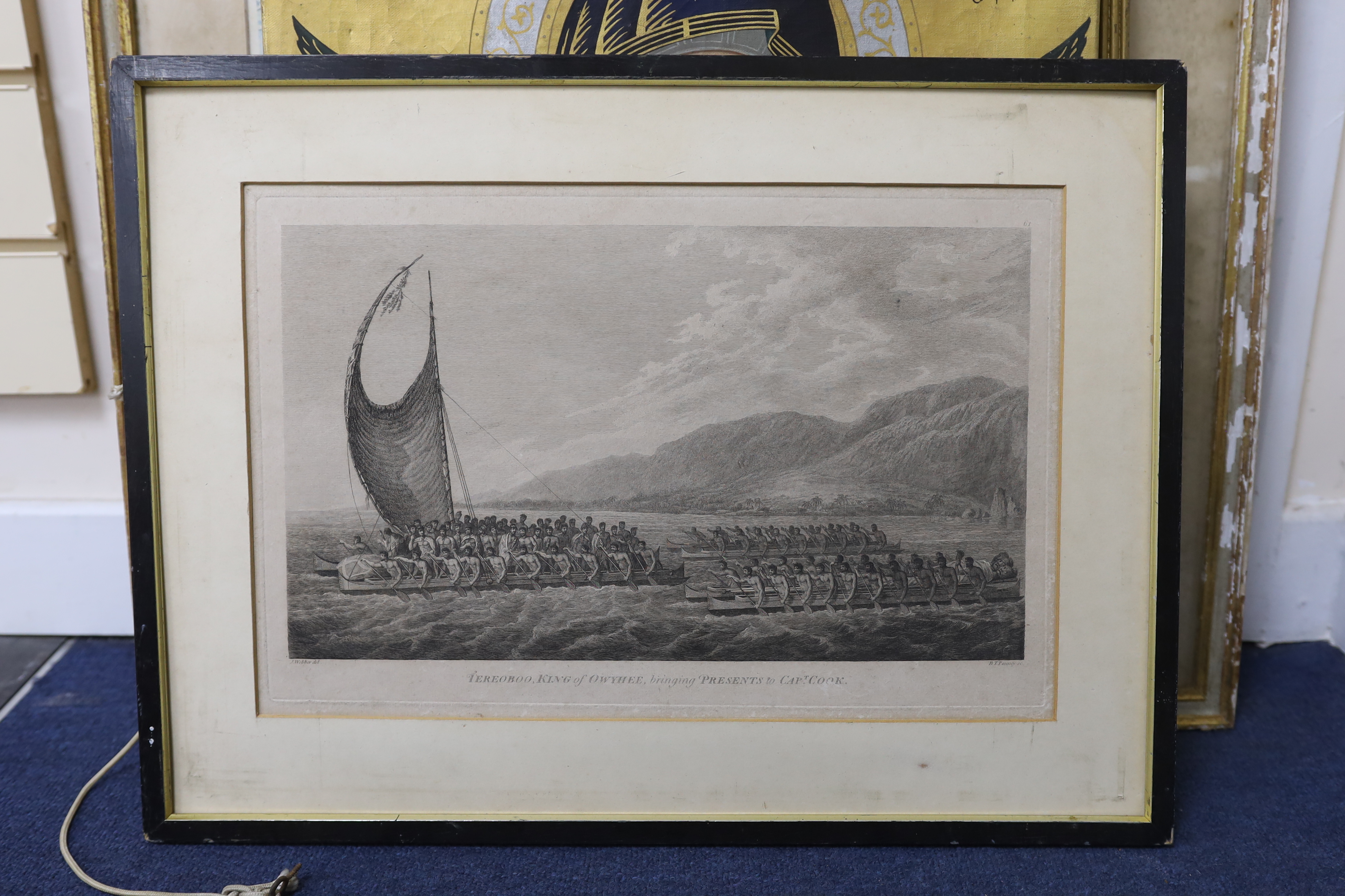 Benjamin Thomas Pouncy (1750-1799) after John Webber (1751-1793), engraving, 'Tereoboo, King of Owyhee bringing presents to Captain Cook', 22 x 37cm